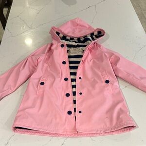 Hatley Pink Kids Hooded Raincoat with Navy Stripe Lining